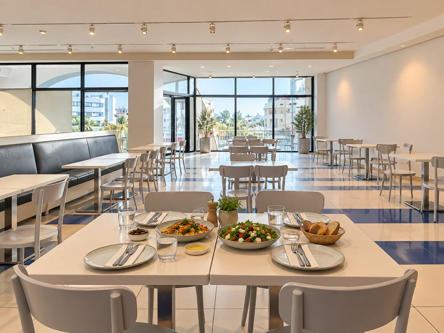Une table pour quatre, des plats à partager et le mobilier clair inspiré de Djerba Mall